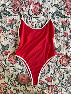 Red One-Piece Swimsuit with White Trim